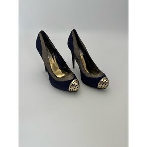 JENNIFER LOPEZ HEELS WOMENS 7 NOVELLA PUMPS PLATFORM BLUE GOLD STILETTO HIGH